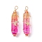 2Pcs 2 Style Two Tone Glass Double Terminated Point Beads Pendants Set, Moon & Star Golden Copper Wire Wrapped Charms, Magenta, 38~39x10x18mm, Hole: 3mm, 1Pc/style