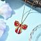 MIYUKI Delica Seed Beads Loom Pattern Bowknot Pendant Necklaces, 304 Steel Cable Chain Necklaces for Women, Golden, Red, 17.72 inch(45cm), 1.5mm wide