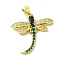 Brass Micro Pave Colorful Cubic Zirconia Pendants, Cadmium Free & Nickel Free & Lead Free, Dragonfly Charms, Real 18K Gold Plated, 25x25x4mm, Hole: 5x3.5mm