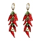 304 Stainless Steel Leverback Earrings, Hot Pepper Lampwork Cluster Earrings, FireBrick, 60x8mm