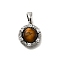 Brass Micro Pave Cubic Zirconia Charms, with Tiger Stone, Round, Platinum, 13x11x5.5mm, Hole: 5x3mm