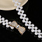 Alloy & Acrylic Imitation Pearl Beaded Elastic Chain Belts, White, Golden, Bowknot, 600~800mm