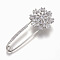 Brass Micro Pave Cubic Zirconia Safety Brooch, Flower, Clear, Platinum, 58x24mm, Pin: 1.5mm