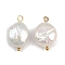 Natural Freshwater Pearl Keshi Pearl Pendants, Flat Round Charms, with 304 Stainless Steel Loops, White, Ion Plating(IP), Real 18K Gold Plated, 20~20.5x12.5x6.5mm, Hole: 1.8~2.5mm