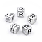 Plated Acrylic Beads, Horizontal Hole, Cube with Letter, Antique Silver, Letter.R, 6mm, Hole: 3mm