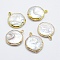 Natural Cultured Freshwater Pearl Pendants, with Brass Findings, Flat Round, Golden, 20~26x16~20x4~6mm, Hole: 1mm