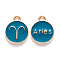 Alloy Enamel Pendants, Cadmium Free & Lead Free, Flat Round with Constellation, Light Gold, Dark Cyan, Aries, 15x12x2mm, Hole: 1.5mm