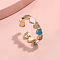 Heart Brass Micro Pave Clear Cubic Zirconia Enamel Cuff Rings for Women, Golden, Deep Sky Blue, Inner Diameter: 18mm