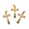 Rack Plating Brass Micro Pave Cubic Zirconia Pendants, Long-Lasting Plated, Lead Free & Cadmium Free, Cross Charm, Real 18K Gold Plated, 30.5x16.5x3mm, Hole: 3x5mm