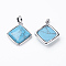 Synthetic Turquoise Pendants, with Brass Findings, Rhombus, Platinum, 25x29x7mm, Hole: 5x7mm, 18x18mm