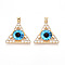 Brass Micro Pave Clear Cubic Zirconia Pendants for Women, Triangle with Eye, with Resin, Real 18K Gold Plated, Deep Sky Blue, 26.5~27x27.5x7mm, Hole: 3.5x5mm