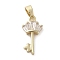 Brass Cubic Zirconia Pendents, Long-Lasting Plated, Key with Crown, Golden, 16.5x8.5x3mm, Hole: 5x3mm