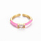 Brass Enamel Cuff Rings, Open Rings, Solitaire Rings, with Clear Cubic Zirconia, Nickel Free, Horse Eye, Golden, Pearl Pink, US Size 7(17.3mm)