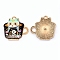 Japanese Style Print Alloy Enamel Pendants, Cup with Cat, Cadmium Free & Lead Free, Golden, Black, 22.7x22.5x1.8mm, Hole: 1.8mm