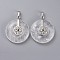 Natural Quartz Crystal Pendants, Rock Crystal Pendants, with Platinum Tone Brass Findings, Donut/Pi Disc with Lotus, 35.5x30x8.5~9.5mm, Hole: 4.5x6.5mm