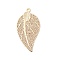 Rack Plating Brass Filigree Pendants, Long-Lasting Plated, Leaf Charms, Cadmium Free & Nickel Free & Lead Free, Light Gold, 39x20.5x0.3mm, Hole: 1.8mm