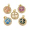 Brass Micro Pave Cubic Zirconia, with Synthetic Opal Pendants, with Jump Rings, Cadmium Free & Lead Free, Real 18K Gold Plated, Flat Round with Cross, Mixed Color, 18x15.5x3.5mm, Hole: 3.5mm