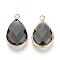 Glass Pendants, with Brass Findings, Faceted, Drop, Light Gold, Gray, 14x7.5x4mm, Hole: 1.8~2.3mm