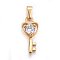 304 Stainless Steel Pendants, with Cubic Zirconia, Key with Heart, Clear, Golden, 19x9x4mm, Hole: 5x3mm