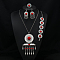 Flat Round Alloy with Resin Pendant Necklace & Stud Dangle Earring & Link Bracelet & Ring, Antique Silver, Red, 47x25mm & 540mm & 210~230mm & 25mm