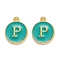 Golden Plated Alloy Enamel Charms, Enamelled Sequins, Flat Round with Alphabet, Letter.P, Green, 14x12x2mm, Hole: 1.5mm