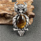 Antique Silver Owl Brooch Pins, with Natural Tiger Eye, 60x29mm