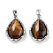 Natural Tiger Eye Teardrop Pendants, Brass Drop Charms, Platinum, 19.5x14.5x5.8mm, Hole: 4.5x2.5mm