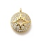 Brass Micro Pave Clear Cubic Zirconia Pendants, Long-Lasting Plated, Lead Free & Cadmium Free, Flat Round with Star Charms, Real 18K Gold Plated, 16.5x13.5x3mm, Hole: 1.6mm