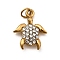 304 Stainless Steel Rhinestone Pendants, Ocean Collection Charms, Ion Plating(IP), Real 18K Gold Plated, with Jump Ring, Tortoise, 14.5x11.5x3.5mm, Hole: 2.4mm
