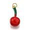 Brass Enamel Pendants, with Jump Ring, Cadmium Free & Lead Free, Long-Lasting Plated, Real 18K Gold Plated, Rack Plating, Fruit Charm, Cherry, 24x10.5x10.5mm, Hole: 3.5mm