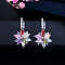 Brass Cubic Zirconia Hoop Earrings, Flower, Platinum, Colorful, 24x12mm