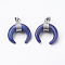 Natural Dyed Lapis Lazuli Pendants, with Brass Findings, Double Horn/Crescent Moon, Platinum, 22~23x19~20x9mm, Hole: 5x7mm