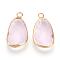 Glass Pendants, with Brass Findings, Faceted, teardrop, Nickel Free, Raw(Unplated), Pearl Pink, 22x12x4mm, Hole: 2mm