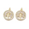 Brass Micro Pave Cubic Zirconia Pendants, with Jump Rings, Flat Round with Tree, Clear, Real 18K Gold Plated, 18.5x16x2.5mm, Hole: 1.5mm