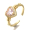 Rack Plating Heart Brass Clear Cubic Zirconia Open Cuff Rings, Solitaire Ring with Glass, Cadmium Free & Lead Free, Long-Lasting Plated, for Women, Pink, 10.5mm