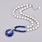 Natural Labradorite Pendant Necklace, with Pearl Beads, Brass Findings and Hematite Beads, Flat Round with Tree of Life, 21.06 inch(53.5cm)