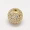 CZ Brass Micro Pave Cubic Zirconia Round Beads, Golden, 14mm, Hole: 1.5mm