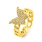 Butterfly Brass Micro Pave Clear Cubic Zirconia Open Cuff Rings, Curb Chain Ring for Women, Cadmium Free & Nickel Free & Lead Free, Real 18K Gold Plated, 10mm, Adjustable