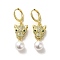 Leopard Head Real 18K Gold Plated Brass Micro Pave Cubic Zirconia Dangle Leverback Earrings, ABS Imitation Pearl Drop Earrings, Green, 38~39.5x11.5mm