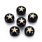 Handmade Lampwork Beads, with Golden Plated Brass Etched Metal Embellishments, Flat Round with Star, Black, 8x5~6mm, Hole: 0.8mm
