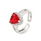 Heart Brass Micro Pave Cubic Zirconia Open Cuff Rings, Long-Lasting Plated, Red, US Size 6(16.5mm)