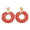 Woven Glass & Brass Beaded Donut Dangle Stud Earrings, with PVD Vacuum Plating 304 Stainless Steel Pins, Red, 60x49mm