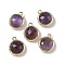 Natural Amethyst Faceted Flat Round Charms, with Rack Plating Brass Settings, Long-Lasting Plated, Golden, 14.5x12x5.5mm, Hole: 1.4mm